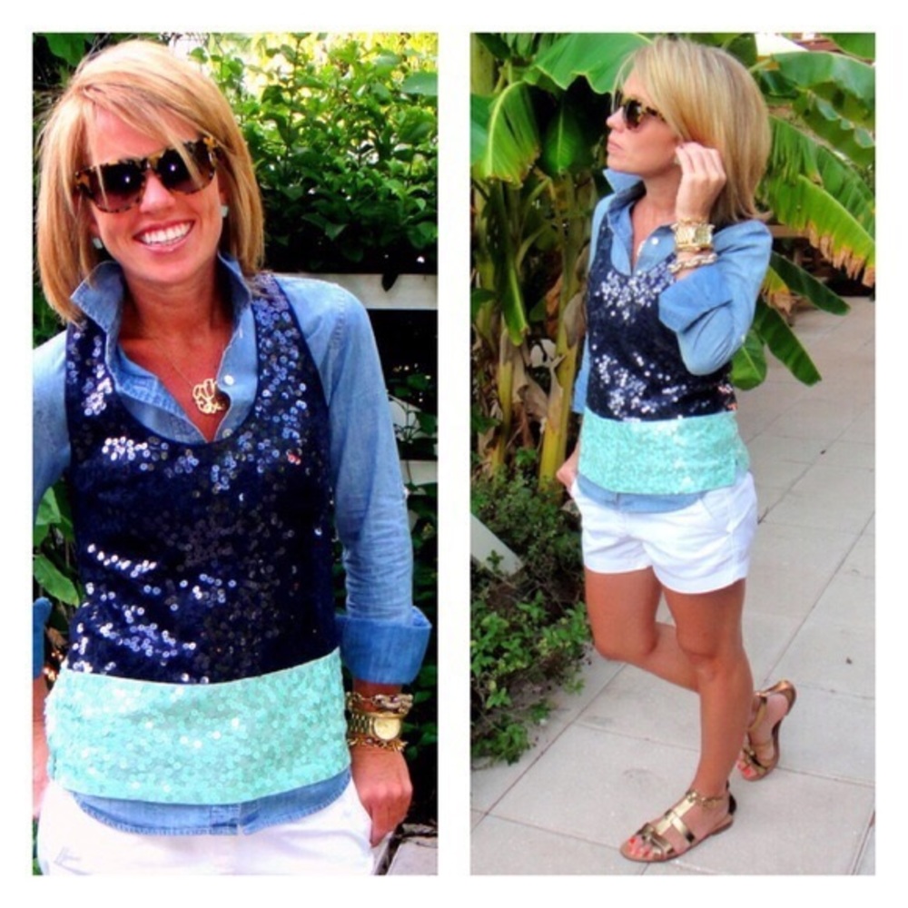 J. CREW Sequin Colorblock Tank Top Navy Blue Mint Green Stripe Embellished XS
